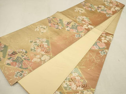 平和屋着物▼六通柄袋帯　扇面花菱文　金糸　正絹　逸品　AABA1395wj