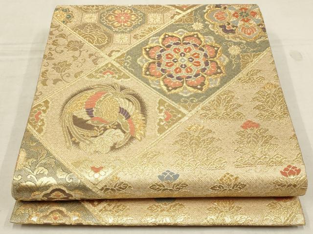 平和屋着物▼六通柄袋帯　吉祥花鳥菱文　金糸　正絹　逸品　AABA1398wj
