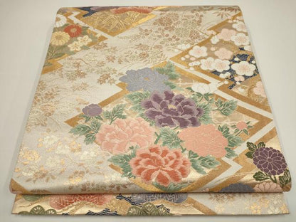 平和屋着物▼六通柄袋帯　唐織　松竹梅　草花菱文　金糸　正絹　逸品　AABA1439wj