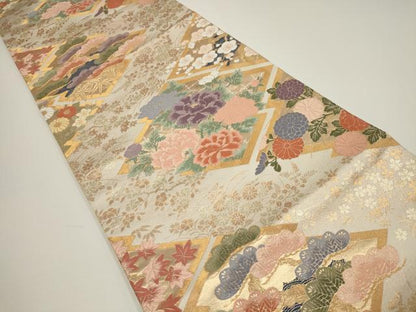 平和屋着物▼六通柄袋帯　唐織　松竹梅　草花菱文　金糸　正絹　逸品　AABA1439wj