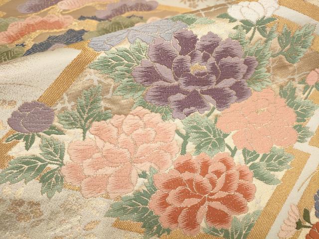 平和屋着物▼六通柄袋帯　唐織　松竹梅　草花菱文　金糸　正絹　逸品　AABA1439wj
