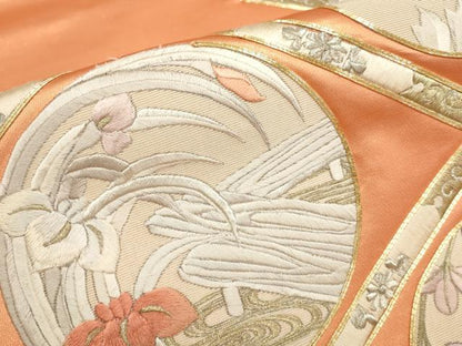 平和屋着物▼総刺繍 袋帯 草花丸文 金銀糸 正絹 逸品 AABA1446wj