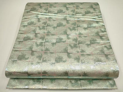 平和屋着物▼全通柄袋帯 市松文 銀糸 正絹 逸品 AABA1453wj