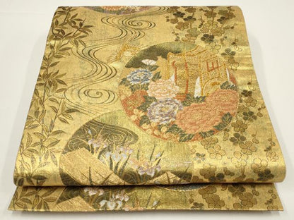平和屋着物▼六通柄袋帯 華燭箔 御所車花鳥丸文 金糸 正絹 逸品 AABA1483wj