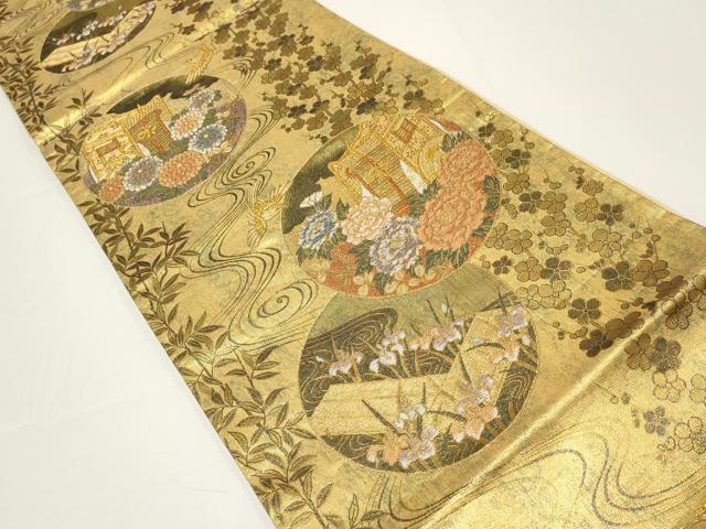 平和屋着物▼六通柄袋帯 華燭箔 御所車花鳥丸文 金糸 正絹 逸品 AABA1483wj