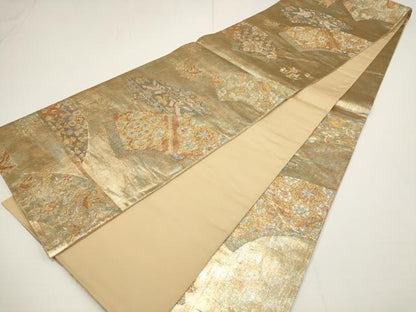 平和屋着物▼六通柄袋帯 地紙花鳥文 金銀糸 正絹 逸品 AABA1553wj
