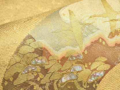 平和屋着物▼太鼓柄袋帯　螺鈿箔　地紙飛鶴文　金糸　正絹　逸品　AABA1637wj
