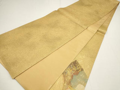 平和屋着物▼太鼓柄袋帯　螺鈿箔　地紙飛鶴文　金糸　正絹　逸品　AABA1637wj