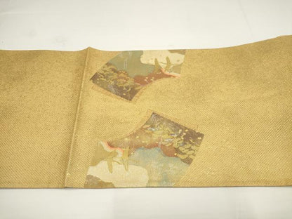 平和屋着物▼太鼓柄袋帯　螺鈿箔　地紙飛鶴文　金糸　正絹　逸品　AABA1637wj