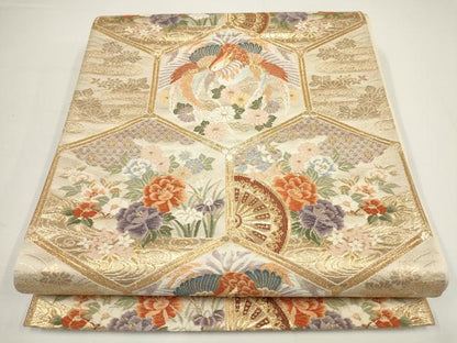 平和屋着物▼六通柄袋帯　亀甲鳳凰小袖　金糸　正絹　逸品　AABA1645wj