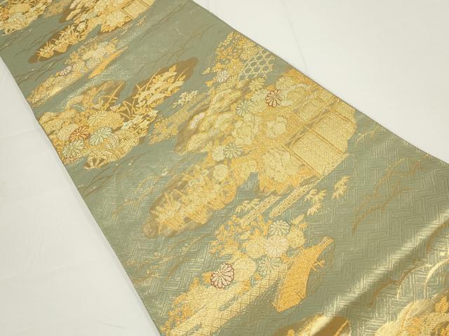 平和屋着物▼佐賀錦　六通柄袋帯　四季山水図文　金糸　正絹　逸品　AABA1647wj