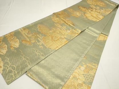 平和屋着物▼佐賀錦　六通柄袋帯　四季山水図文　金糸　正絹　逸品　AABA1647wj