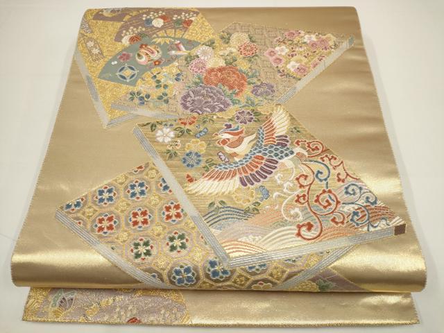 平和屋着物▼六通柄袋帯　瑞鳳謡本重　花鳥冊子文　金糸　正絹　逸品　AABA1672wj
