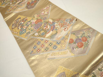 平和屋着物▼六通柄袋帯　瑞鳳謡本重　花鳥冊子文　金糸　正絹　逸品　AABA1672wj