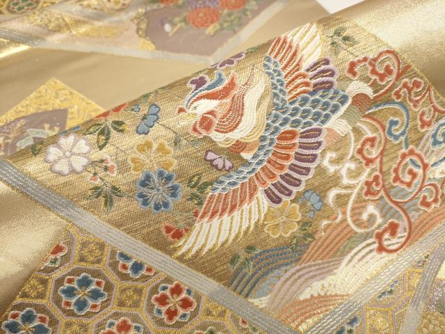 平和屋着物▼六通柄袋帯　瑞鳳謡本重　花鳥冊子文　金糸　正絹　逸品　AABA1672wj