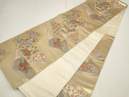 平和屋着物▼六通柄袋帯　瑞鳳謡本重　花鳥冊子文　金糸　正絹　逸品　AABA1672wj