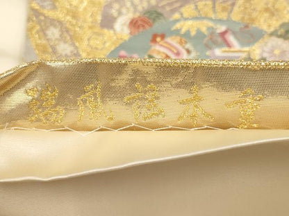 平和屋着物▼六通柄袋帯　瑞鳳謡本重　花鳥冊子文　金糸　正絹　逸品　AABA1672wj