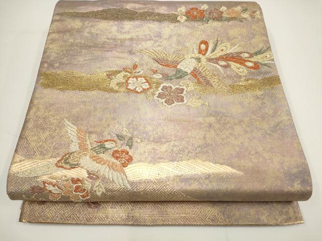 平和屋着物▼六通柄袋帯　流水花鳥文　金糸　正絹　逸品　AABA1689wj