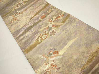 平和屋着物▼六通柄袋帯　流水花鳥文　金糸　正絹　逸品　AABA1689wj