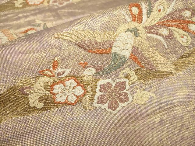 平和屋着物▼六通柄袋帯　流水花鳥文　金糸　正絹　逸品　AABA1689wj