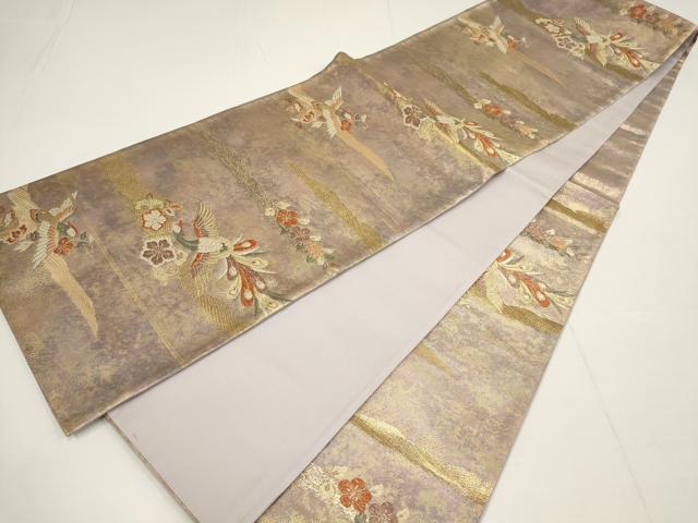 平和屋着物▼六通柄袋帯　流水花鳥文　金糸　正絹　逸品　AABA1689wj
