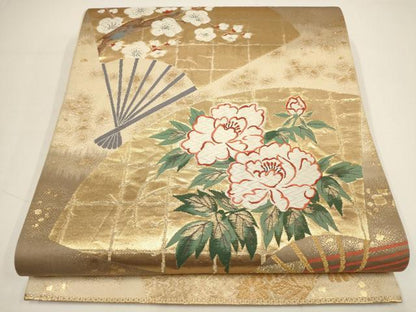 平和屋着物▼六通柄袋帯　招宴舞扇　金糸　正絹　逸品　AABA1701wj