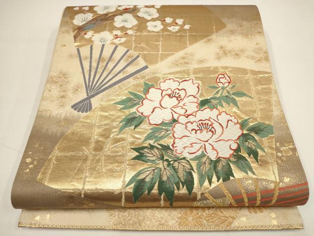 平和屋着物▼六通柄袋帯　招宴舞扇　金糸　正絹　逸品　AABA1701wj