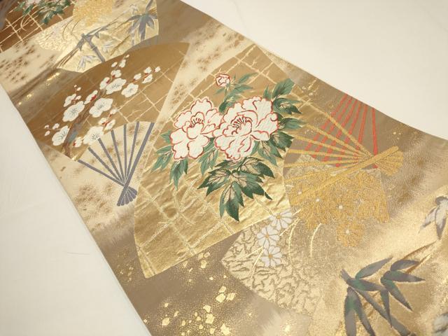 平和屋着物▼六通柄袋帯　招宴舞扇　金糸　正絹　逸品　AABA1701wj