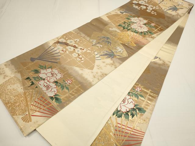 平和屋着物▼六通柄袋帯　招宴舞扇　金糸　正絹　逸品　AABA1701wj