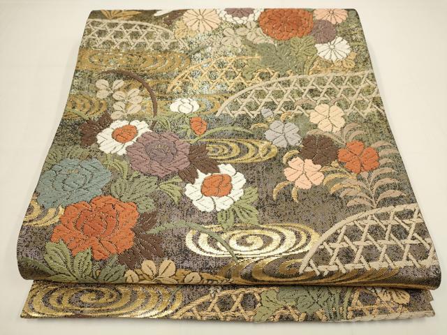 平和屋着物▼佐賀錦　六通柄袋帯　唐織　草花籬文　金糸　正絹　逸品　AABA1703wj