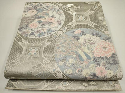 平和屋着物▼六通柄袋帯　唐織　プラチナ箔九百錦　蜀江丸鳥文　銀糸　正絹　逸品　AABA1816wj