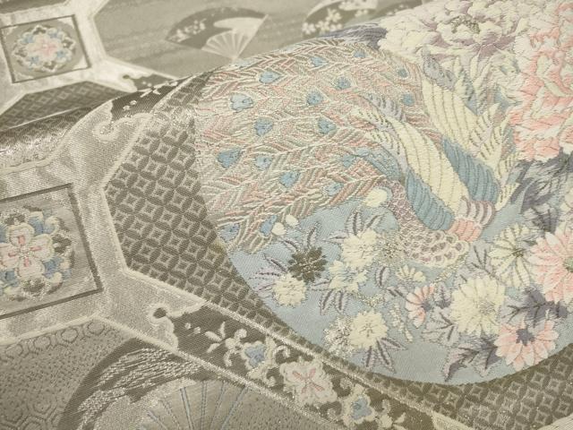 平和屋着物▼六通柄袋帯　唐織　プラチナ箔九百錦　蜀江丸鳥文　銀糸　正絹　逸品　AABA1816wj