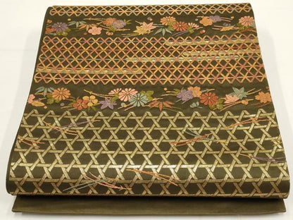 平和屋着物▼西陣 六通柄袋帯 横段花文 金糸 証紙付き 正絹 逸品 AABA1869wj