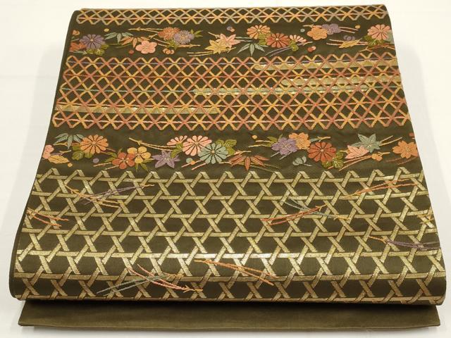 平和屋着物▼西陣 六通柄袋帯 横段花文 金糸 証紙付き 正絹 逸品 AABA1869wj
