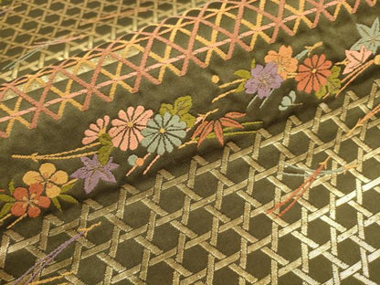 平和屋着物▼西陣 六通柄袋帯 横段花文 金糸 証紙付き 正絹 逸品 AABA1869wj