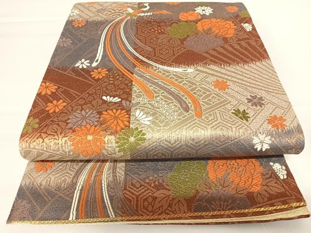 平和屋着物◎六通柄袋帯　唐織　尾長鳥花文　正絹　逸品　AABA1972yx