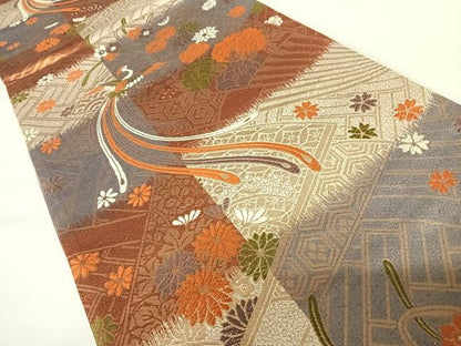 平和屋着物◎六通柄袋帯　唐織　尾長鳥花文　正絹　逸品　AABA1972yx
