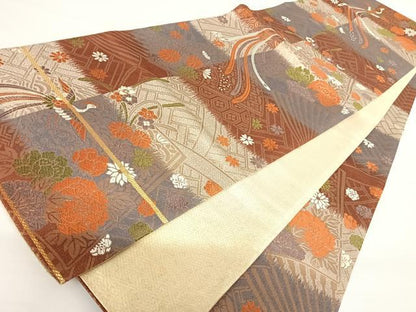 平和屋着物◎六通柄袋帯　唐織　尾長鳥花文　正絹　逸品　AABA1972yx