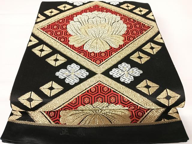 平和屋着物◎六通柄袋帯　天井花文　黒地　金銀糸　正絹　逸品　AABA1982yx