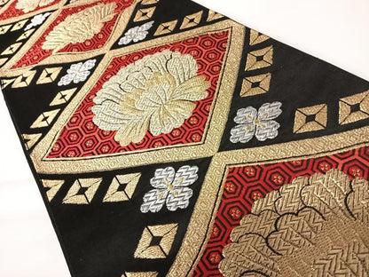 平和屋着物◎六通柄袋帯　天井花文　黒地　金銀糸　正絹　逸品　AABA1982yx