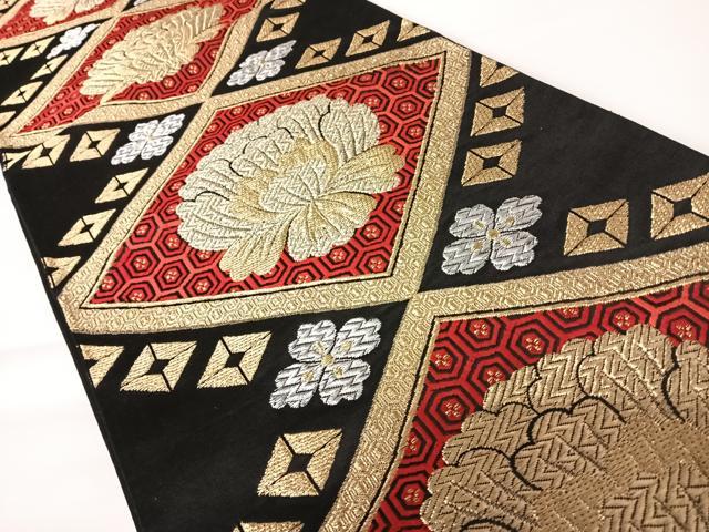 平和屋着物◎六通柄袋帯　天井花文　黒地　金銀糸　正絹　逸品　AABA1982yx