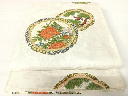 平和屋着物◎六通柄袋帯　唐織　絵皿花鳥文　正絹　逸品　AABA1986yx