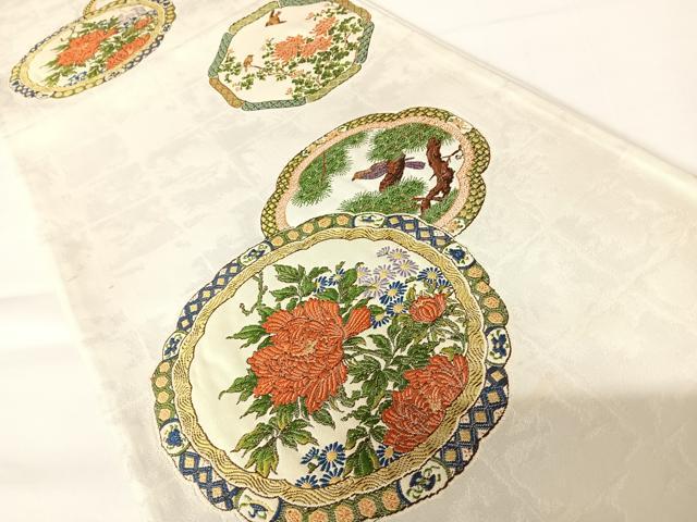 平和屋着物◎六通柄袋帯　唐織　絵皿花鳥文　正絹　逸品　AABA1986yx