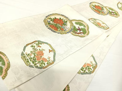平和屋着物◎六通柄袋帯　唐織　絵皿花鳥文　正絹　逸品　AABA1986yx
