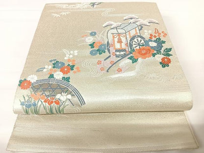 平和屋着物◎六通柄袋帯　唐織　九百錦　御所車花文　プラチナ摺箔二重織　銀糸　正絹　逸品　AABA2000yx