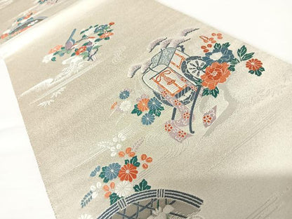 平和屋着物◎六通柄袋帯　唐織　九百錦　御所車花文　プラチナ摺箔二重織　銀糸　正絹　逸品　AABA2000yx