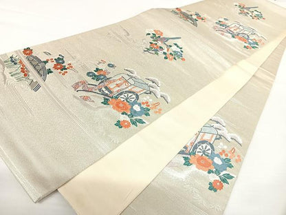 平和屋着物◎六通柄袋帯　唐織　九百錦　御所車花文　プラチナ摺箔二重織　銀糸　正絹　逸品　AABA2000yx