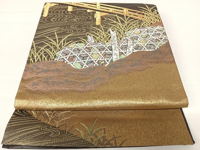 平和屋着物◎六通柄袋帯　渡橋風景文　研ぎ出し箔　正絹　逸品　AABA2045yx