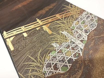 平和屋着物◎六通柄袋帯　渡橋風景文　研ぎ出し箔　正絹　逸品　AABA2045yx