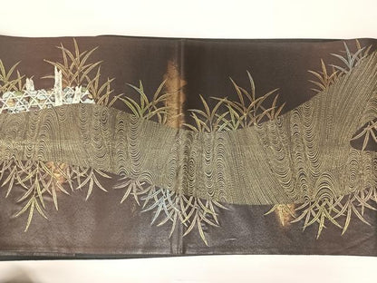 平和屋着物◎六通柄袋帯　渡橋風景文　研ぎ出し箔　正絹　逸品　AABA2045yx